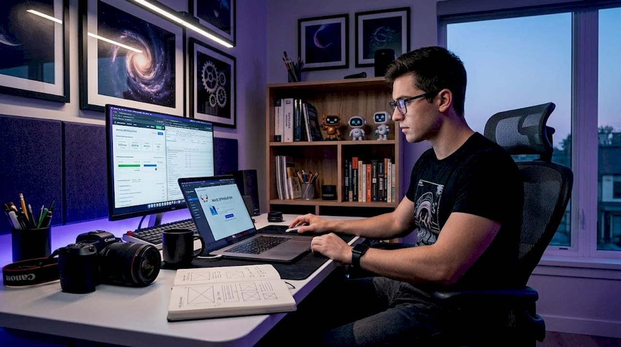 Web developer optimizes image at kitchen table