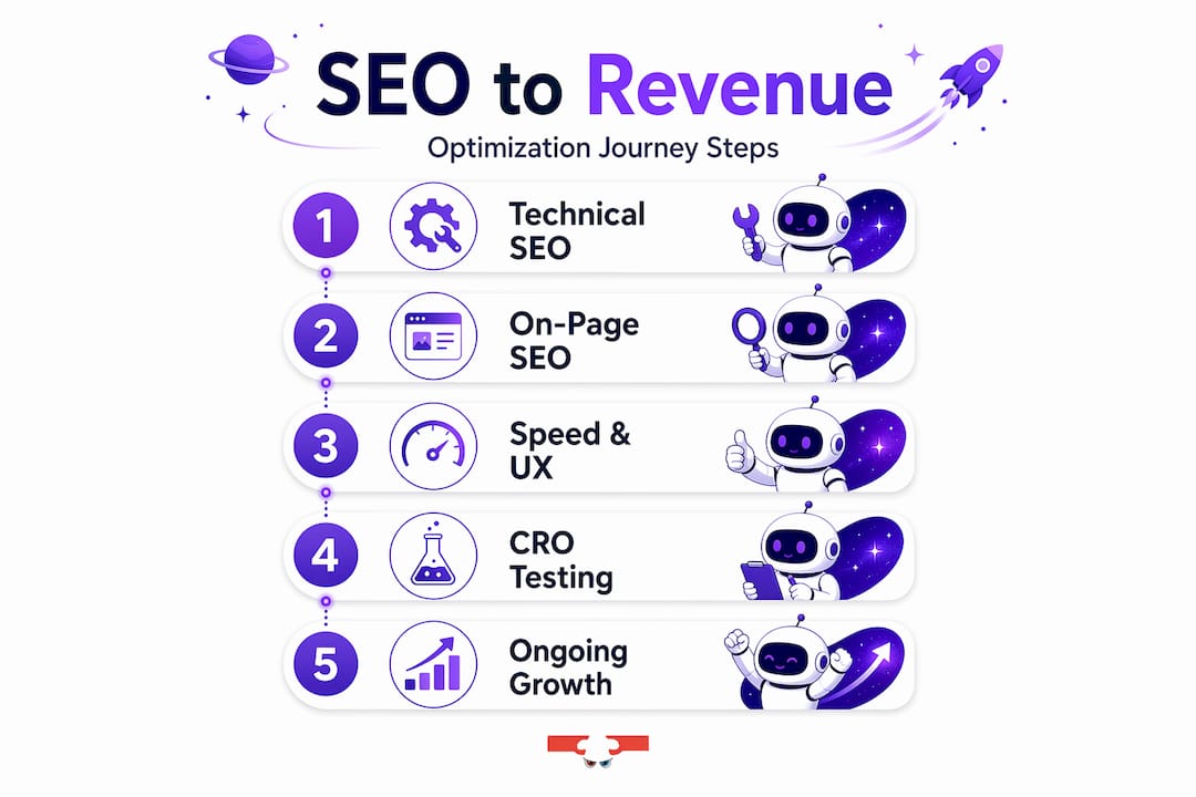 Infographic summarizes website SEO to revenue steps