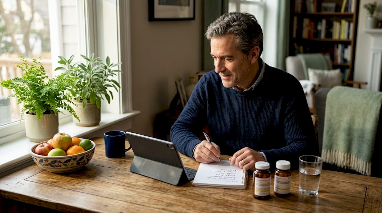 Man consulting doctor online at kitchen table