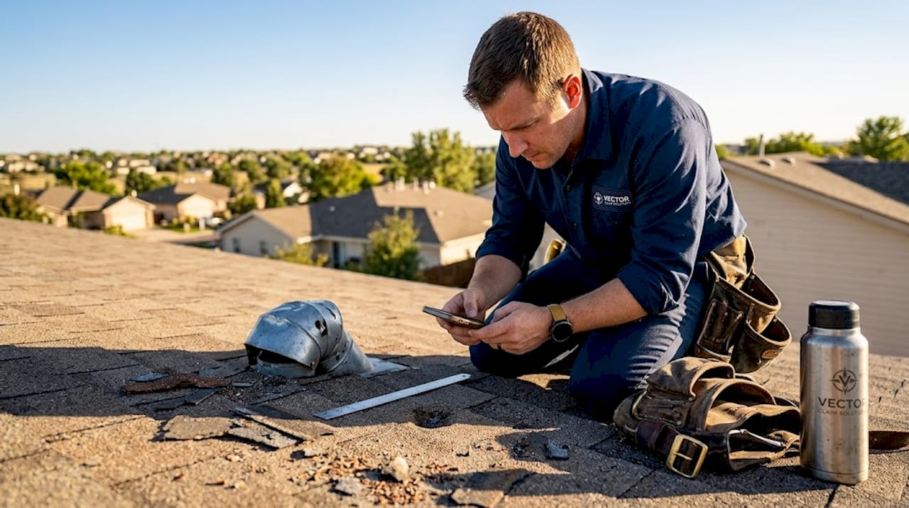 Roofer documenting hail damage on home roof