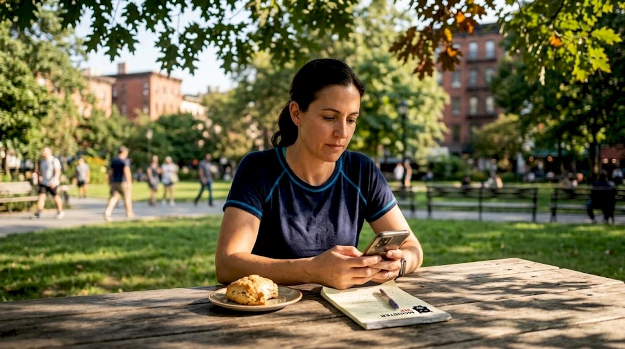 Business owner checking online reviews at café