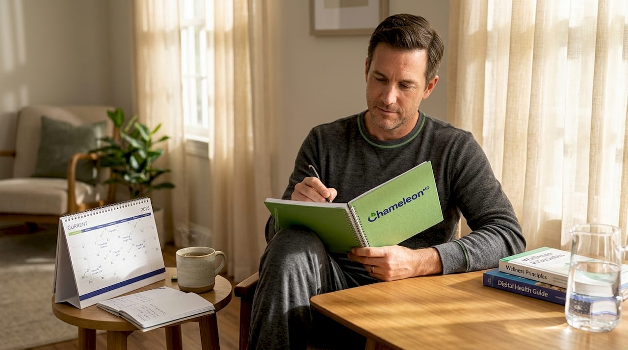 Man recording health notes at kitchen table