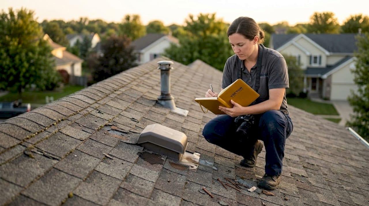 Contractor inspecting roof for storm damage