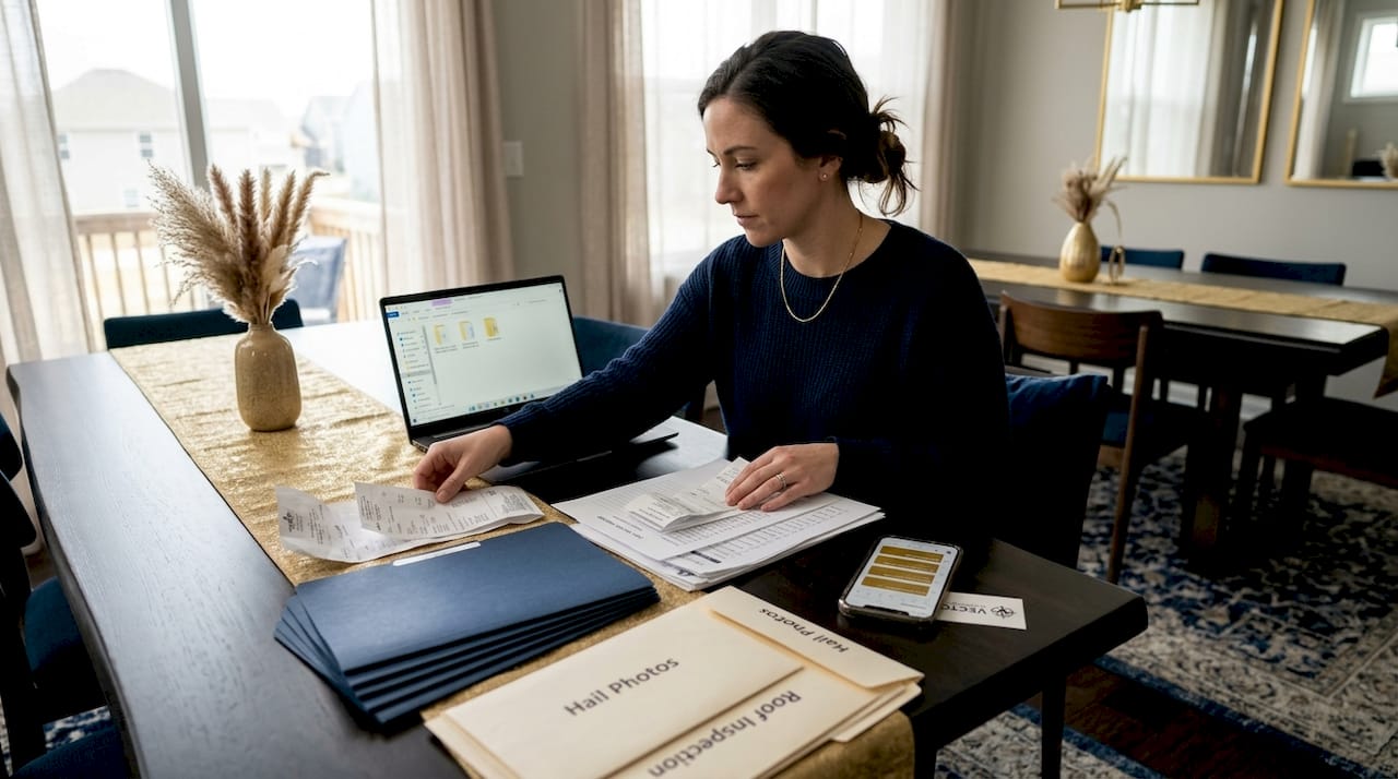 Homeowner organizing hail claim receipts and photos