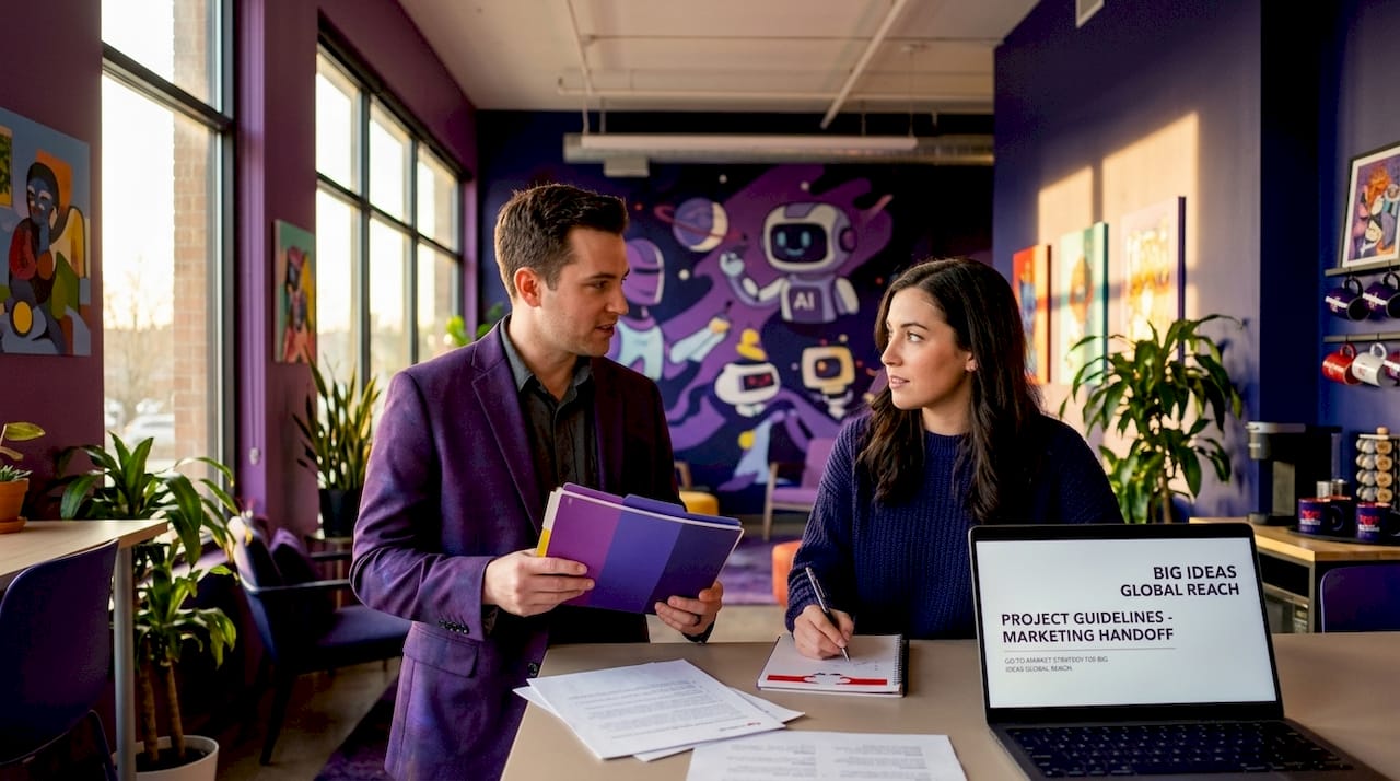 Colleagues review feedback during office handoff
