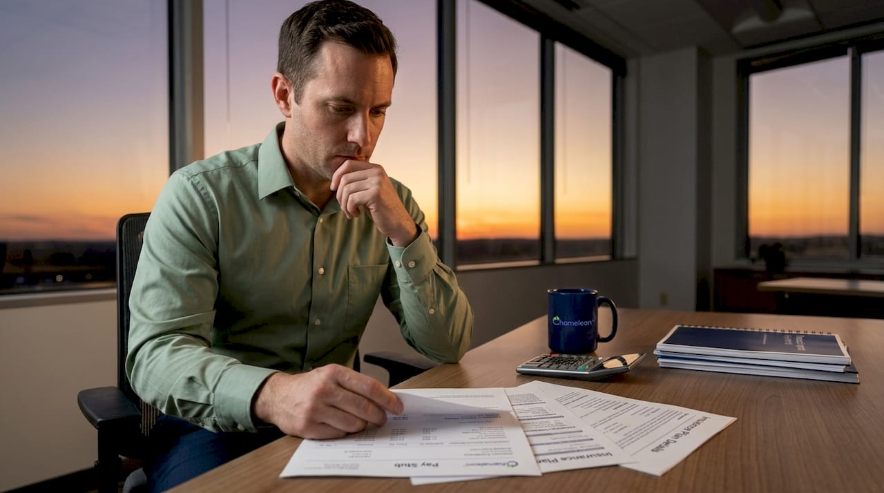 Employee reviewing insurance paperwork in workspace