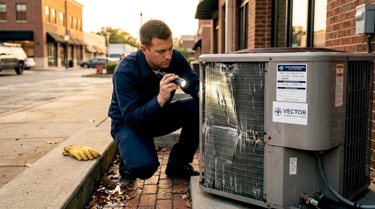 Technician examines rooftop condenser for hail damage