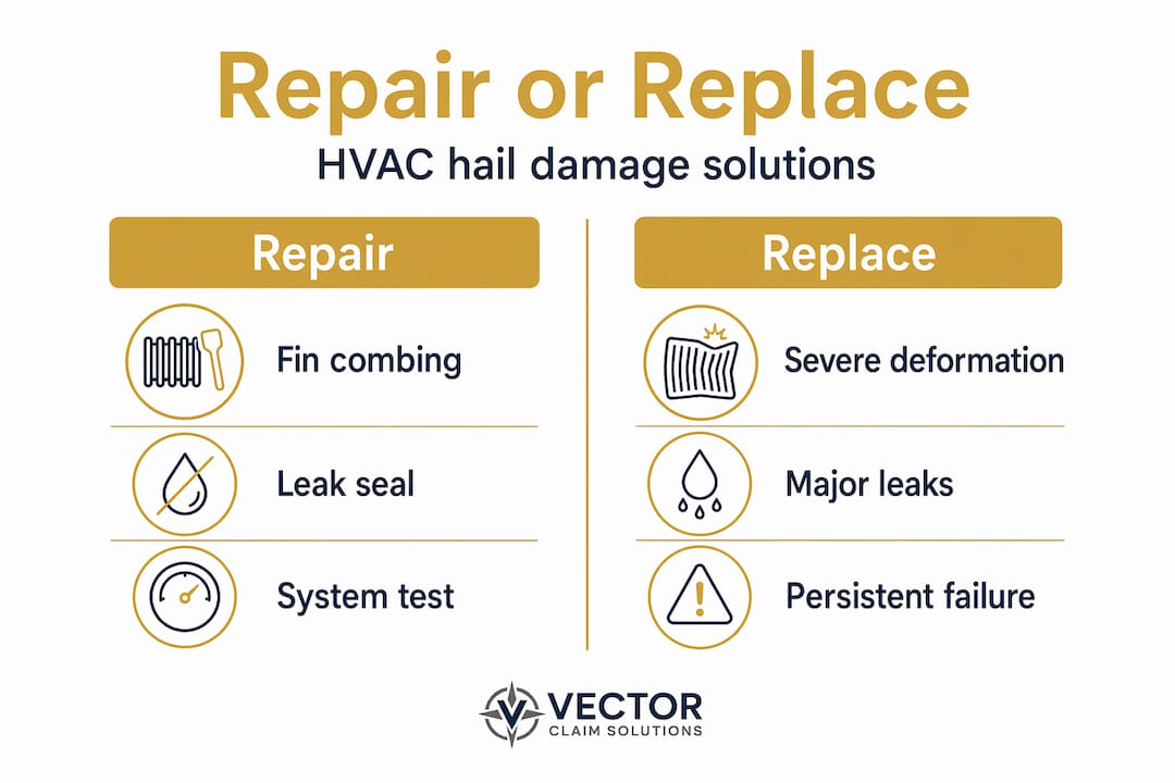 Infographic showing HVAC hail damage repair versus replacement options