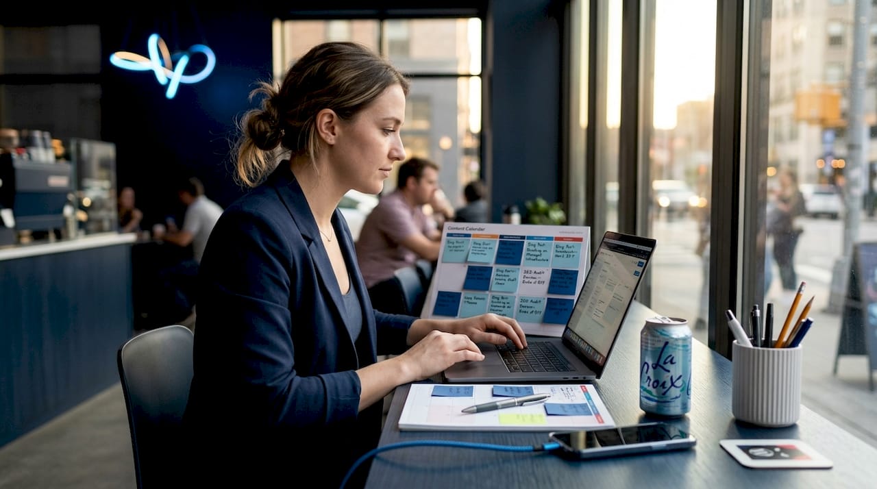 Social media manager planning at desk
