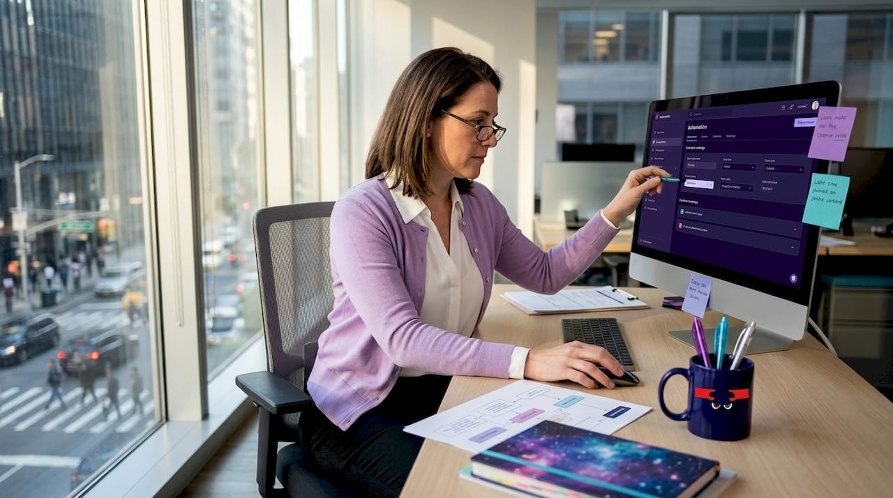 Manager configuring automated email workflow at desk