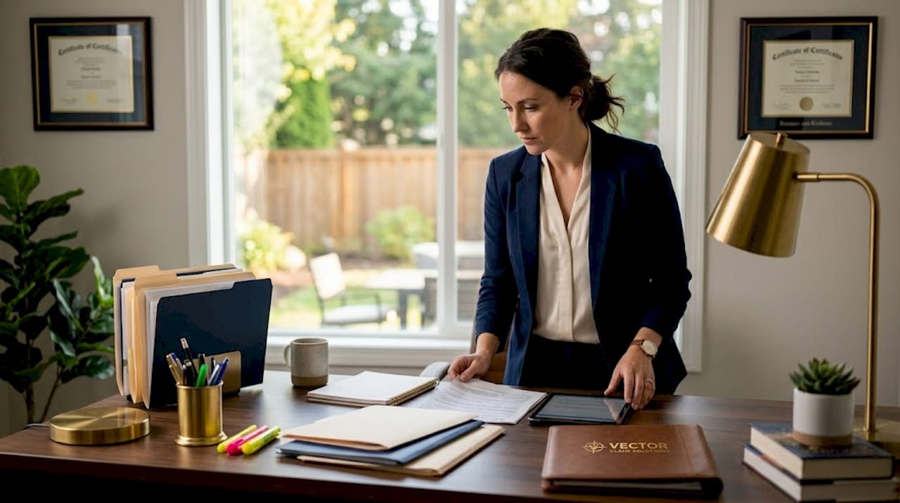 Insurance specialist auditing claim paperwork