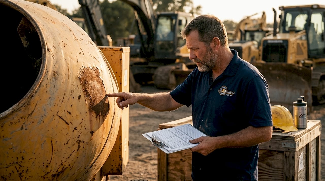 Dealer inspects used industrial mixer in warehouse