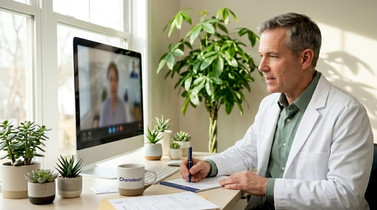 Physician on live telehealth video in home office