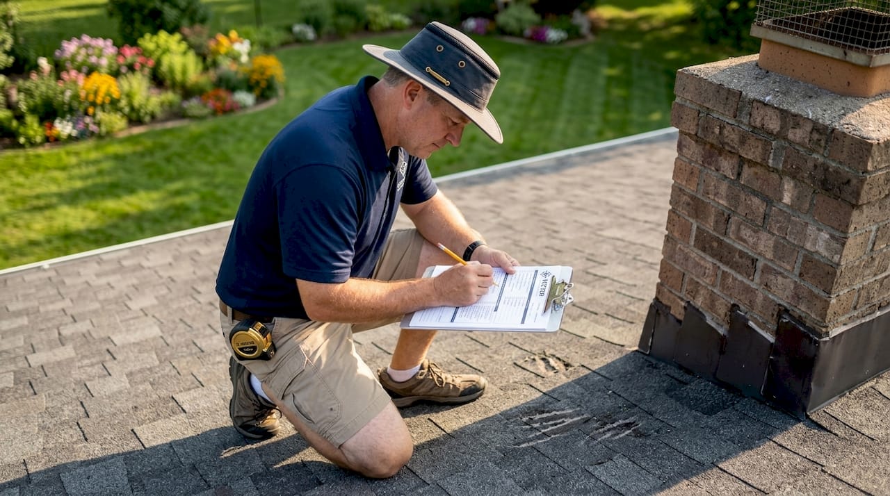 Adjuster examines roof for insurance inspection
