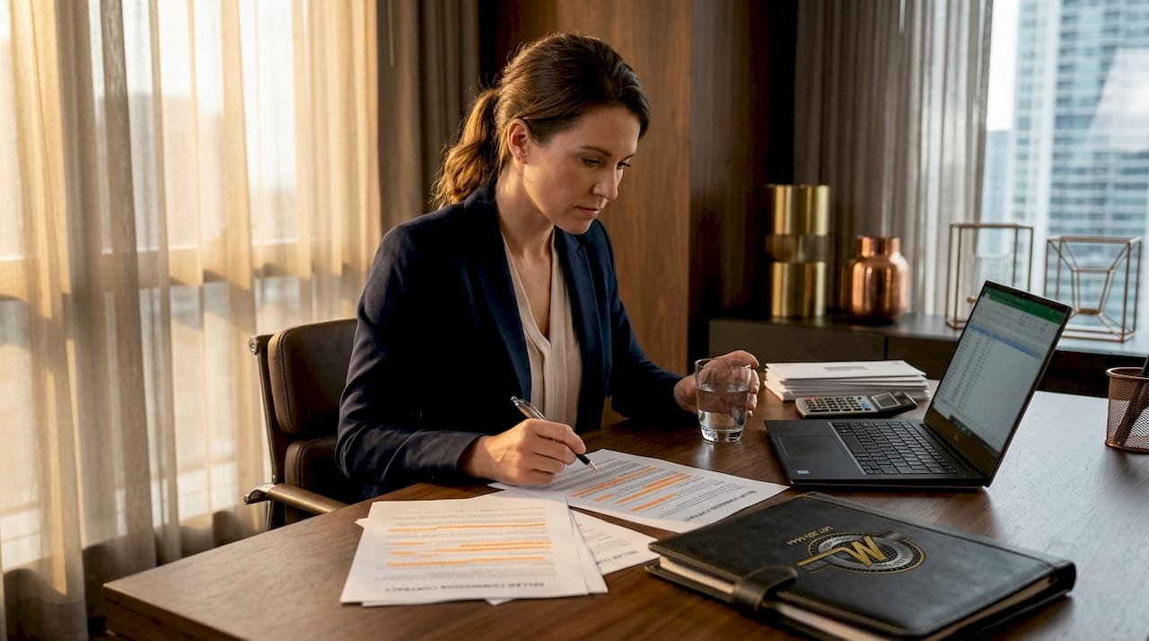 Woman reviewing seller auction commission paperwork