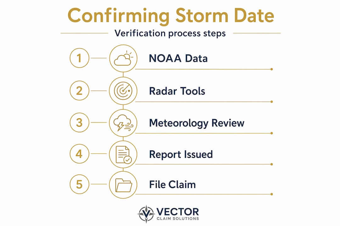 Infographic layout showing steps to confirm hail storm date