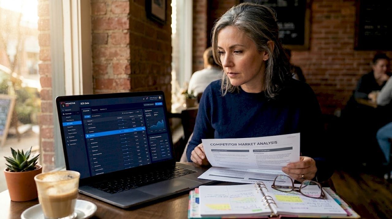 Marketer comparing competitor SEO gaps at shared desk