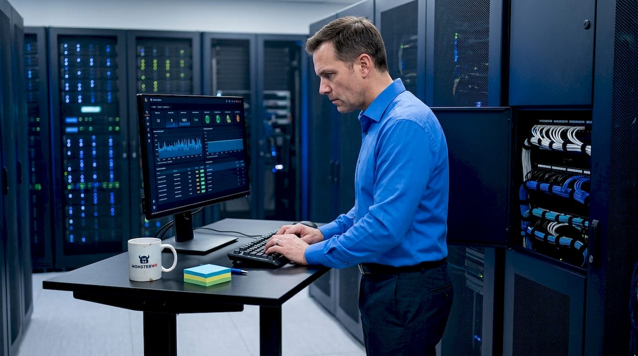 IT manager checks server downtime monitor