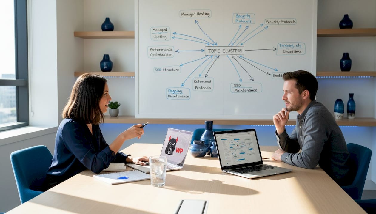 Coworkers mapping out content clusters strategy