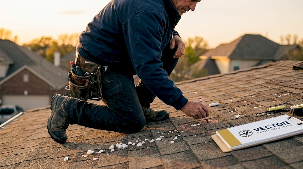 Contractor highlighting hail damage on residential roof