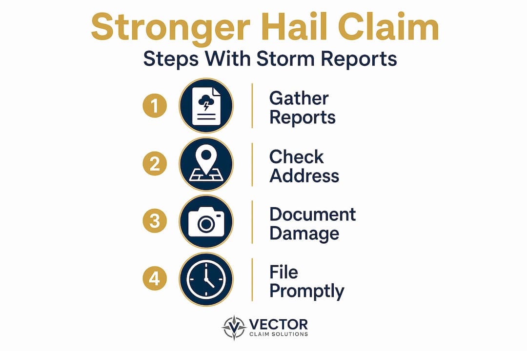 Infographic showing steps in making a hail claim using storm reports