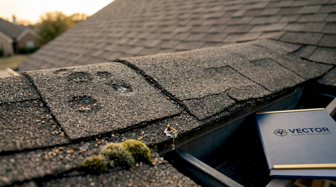 Closeup of hail versus aging shingle damage