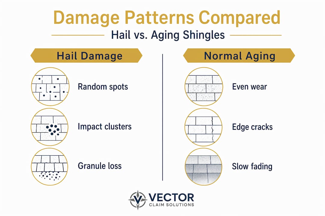 Infographic comparing hail damage and roof aging