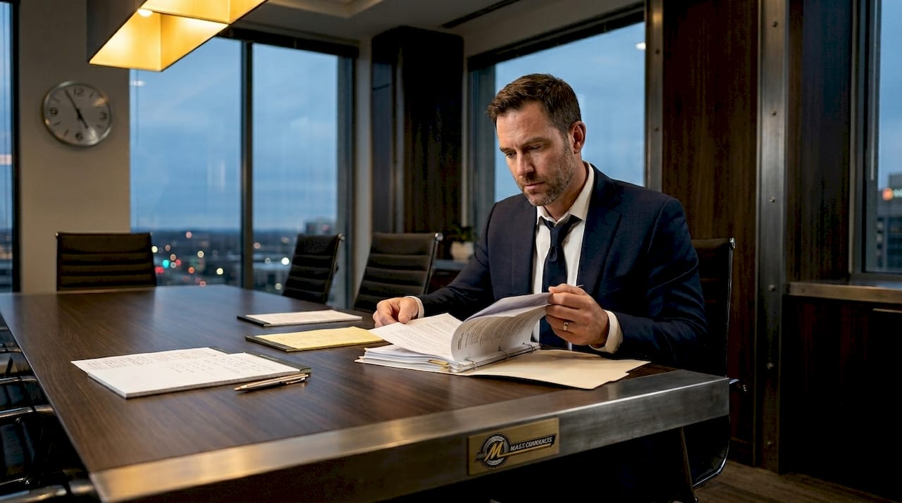 Attorney studies legal files in law office meeting room