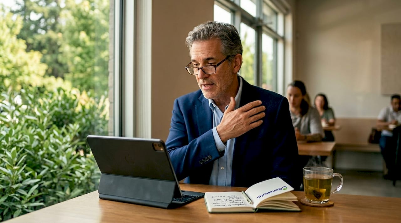 Man discussing symptoms on telehealth call