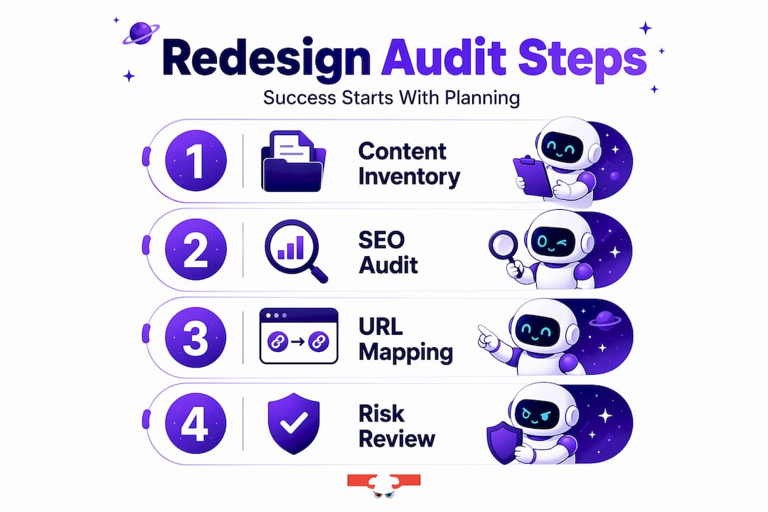 Infographic of key website redesign audit steps
