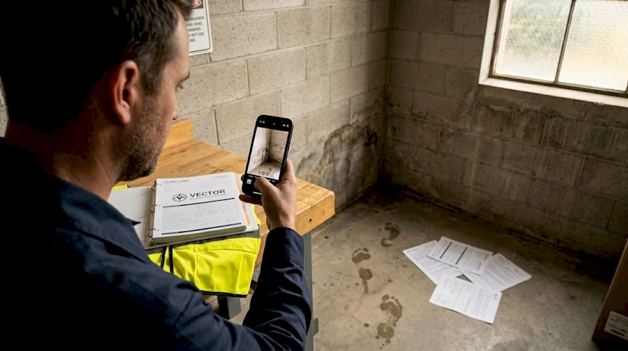Manager photographing building water damage for claim