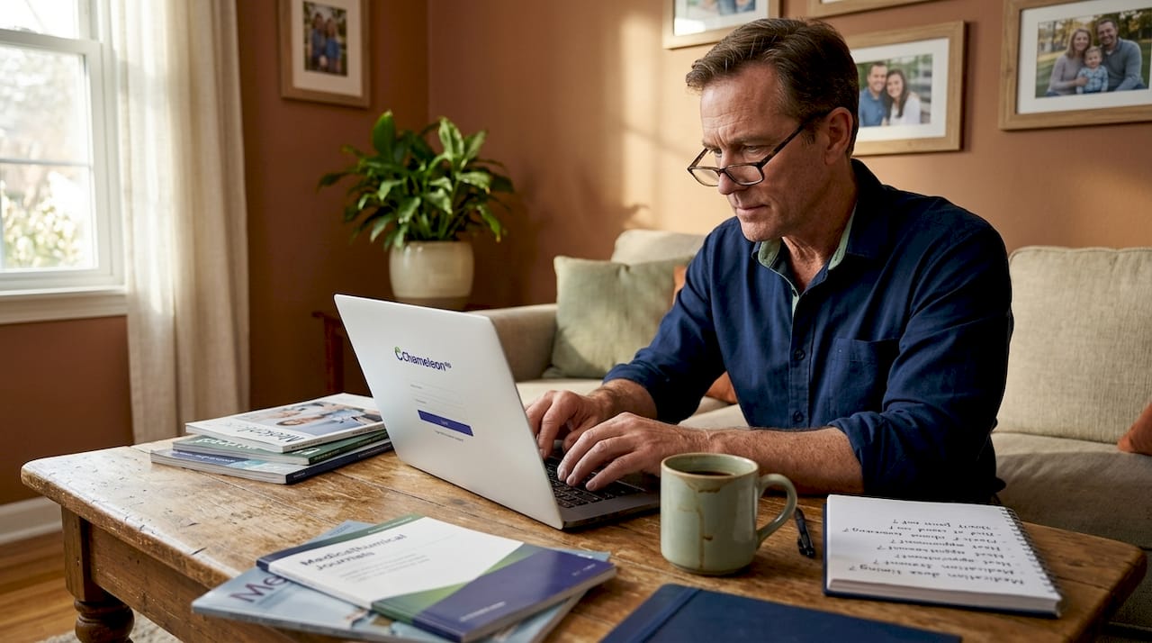 Man checking patient portal at home