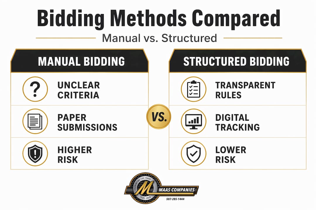 Infographic contrasting manual and structured bidding methods
