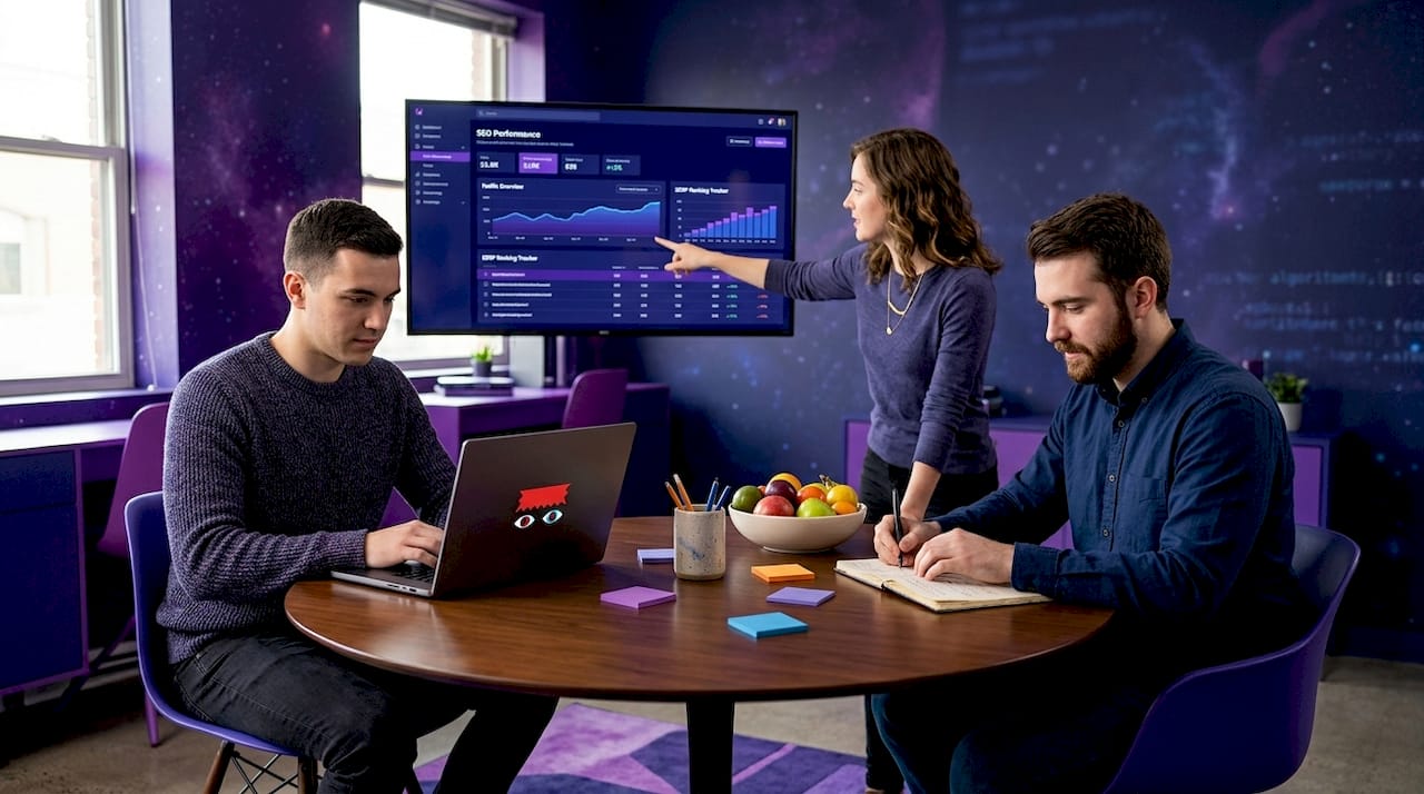 SEO team collaborating in open workspace