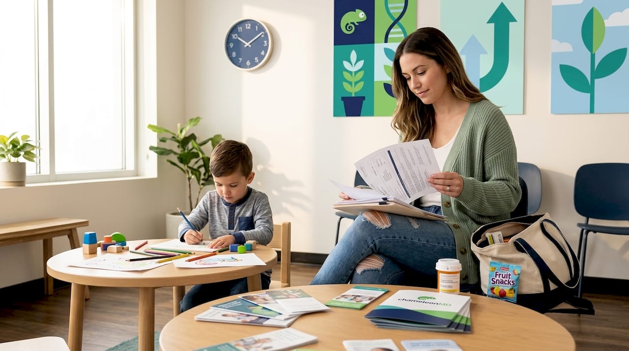 Mother and son in clinic waiting room