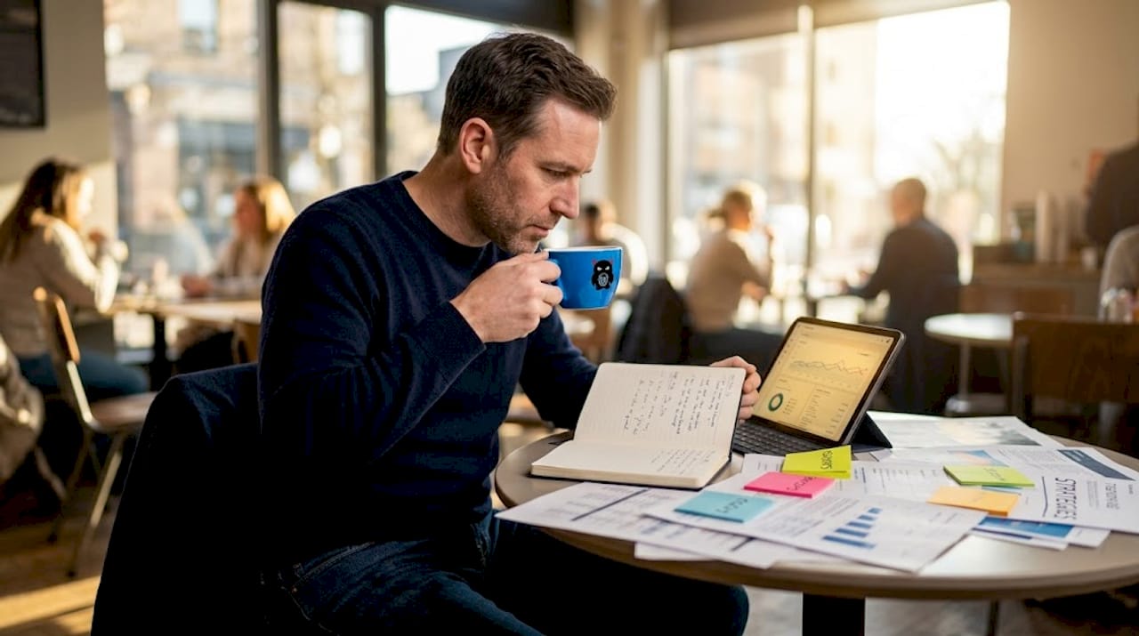 Entrepreneur reviews social audience data in café