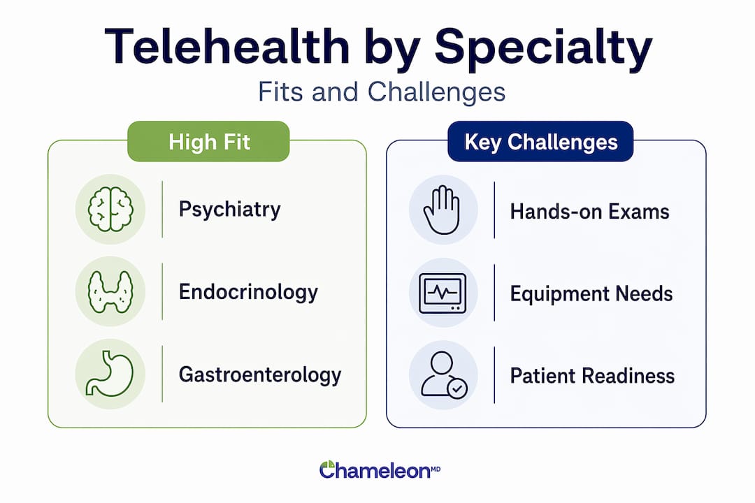 Infographic comparing telehealth fit by specialty and challenges