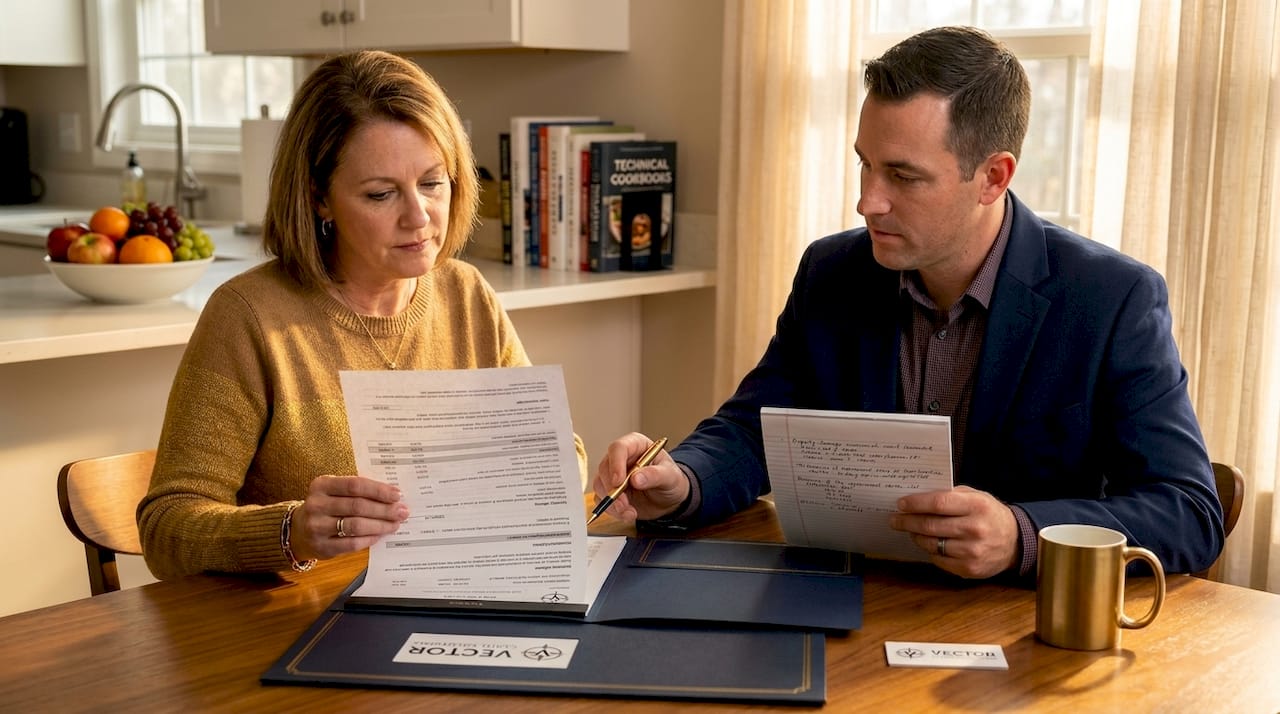 Homeowner and adjuster reviewing settlement paperwork
