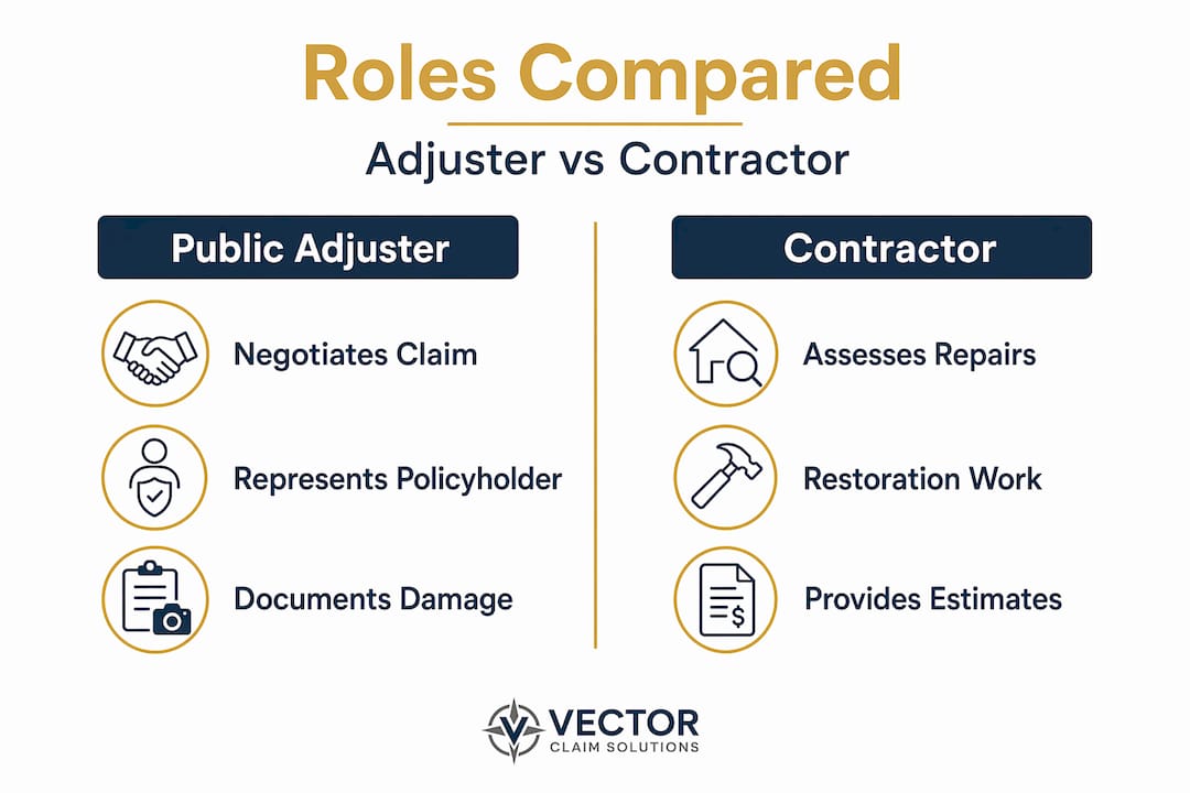 Infographic comparing adjuster and contractor roles