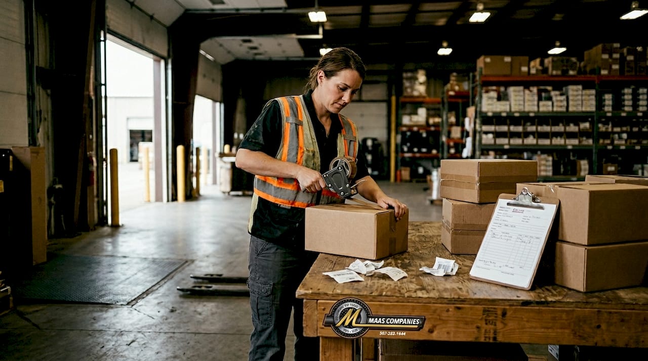 Worker preparing surplus inventory for shipment