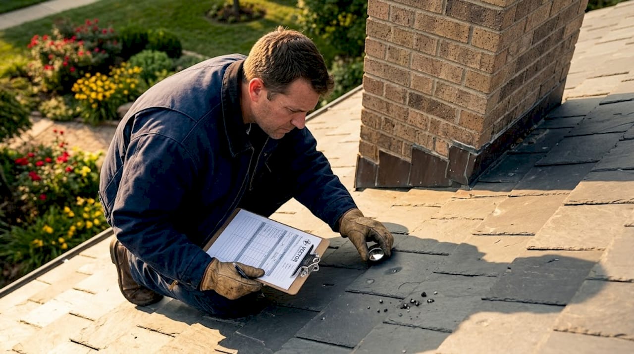 Roof inspector examining hail damage to shingles