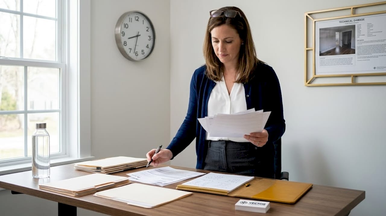 Adjuster evaluating insurance settlement paperwork