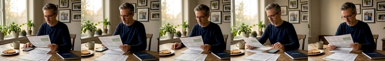 Man comparing health plans at kitchen table