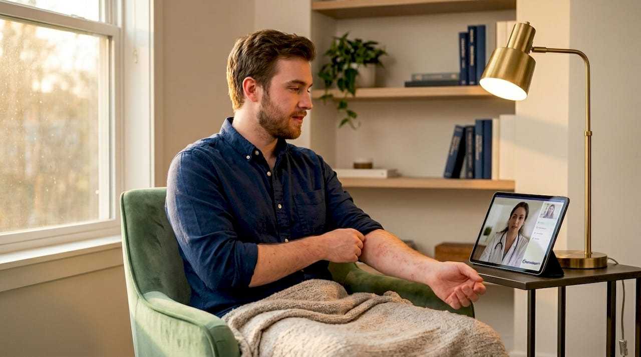Man showing skin rash via video call