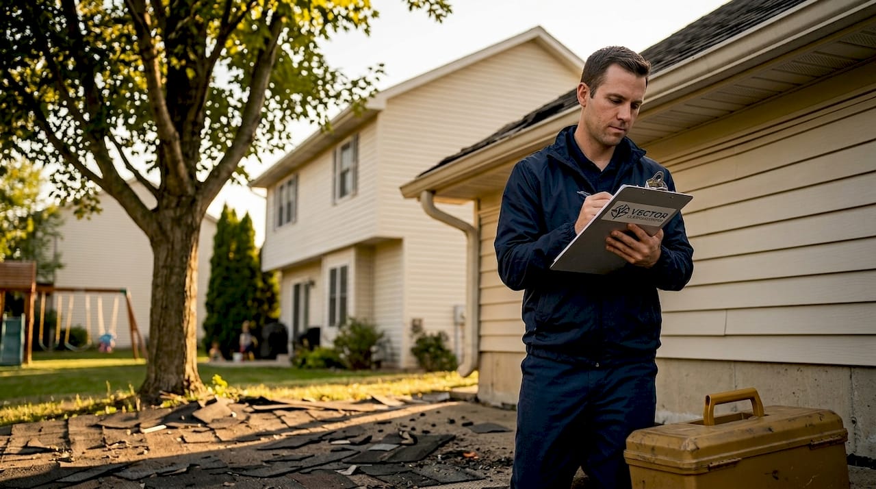 Adjuster inspects home exterior for insurance claim