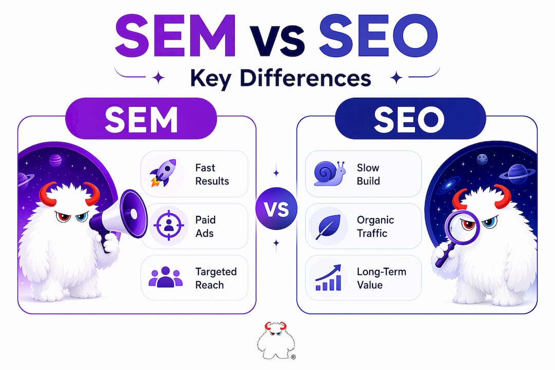 Infographic contrasting SEM and SEO attributes