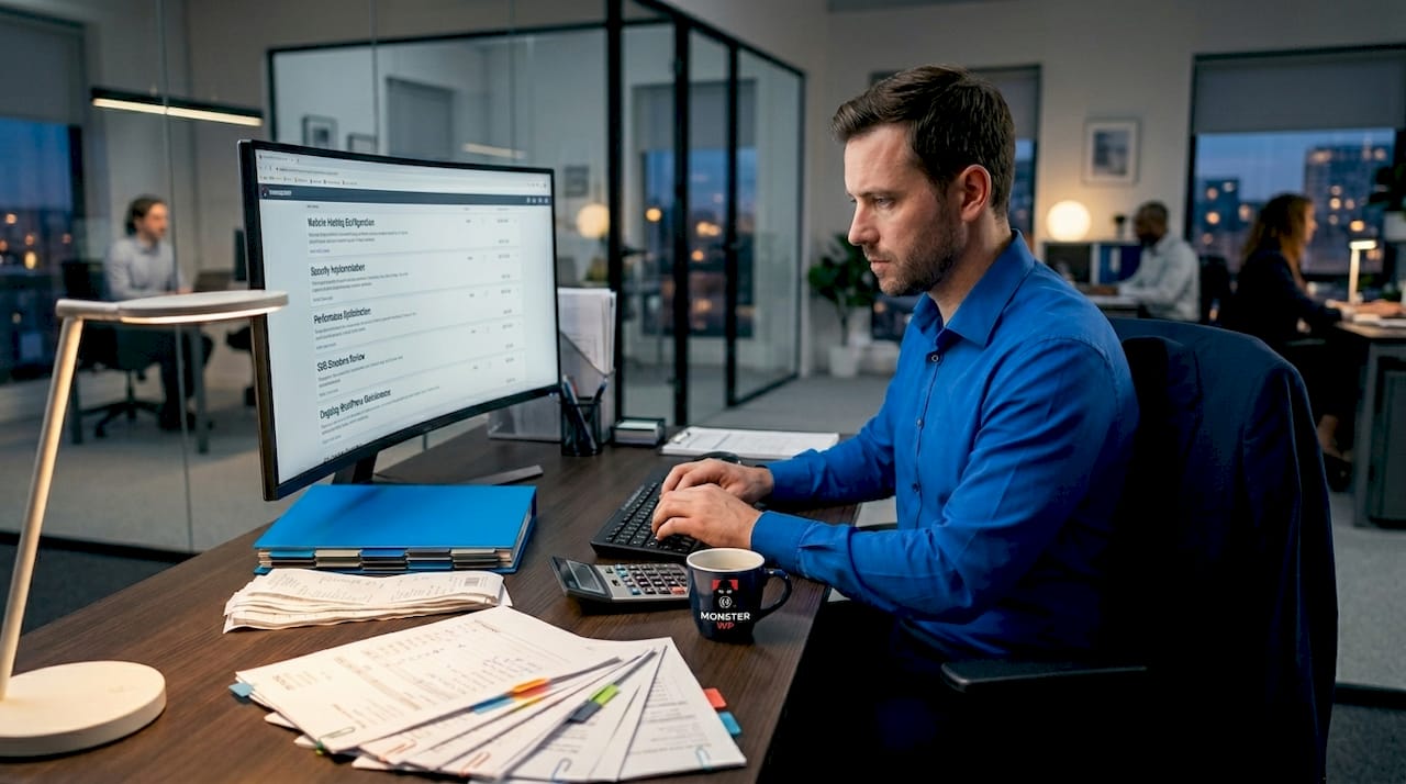 Accountant tracking website asset paperwork and receipts