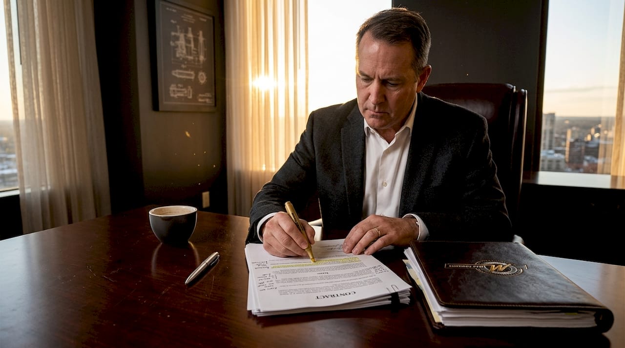 Manager documenting contract execution at desk