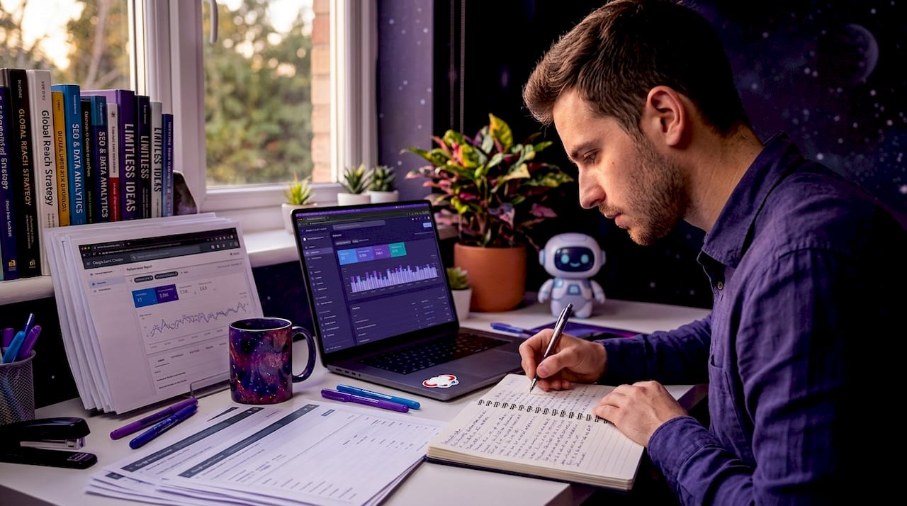 Analyst reviewing SEO traffic data in workspace