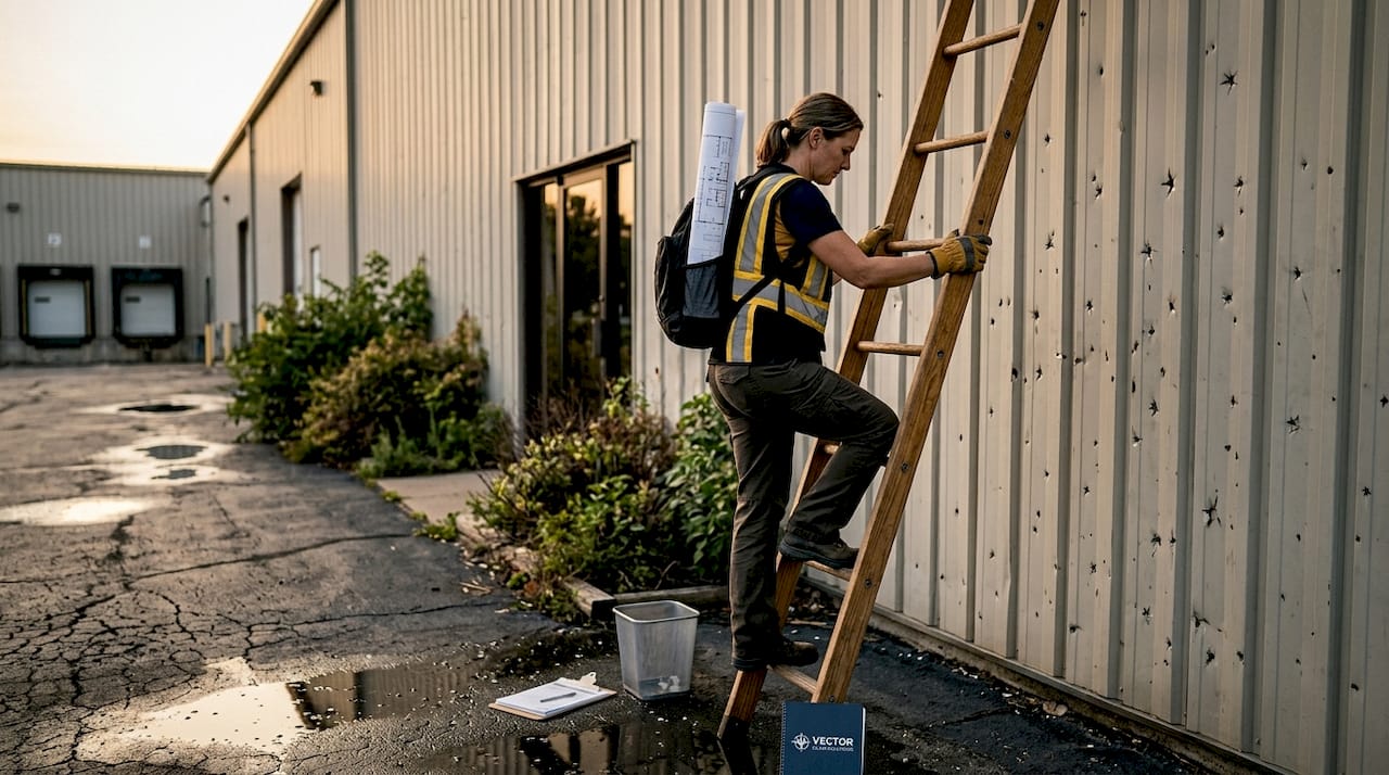 Adjuster climbing ladder to inspect building
